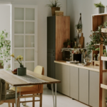 Kitchen with greenery and plants over countertops and cabinets